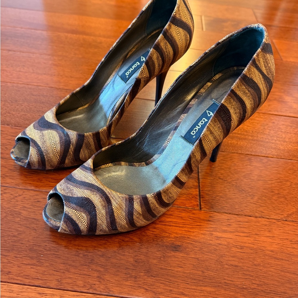 Tanca Brown and Tan Peep Toe Heels